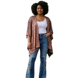 Torrid Crushed Velvet Kimono Jacket O/S Orange Purple Boho Hippie 70s Duster